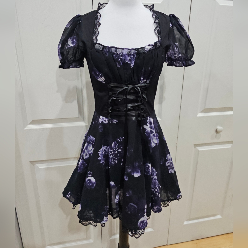 Dolls Kill Goth Widow Spiritual Sacrilege Black Purple Flower Floral Mini Dress